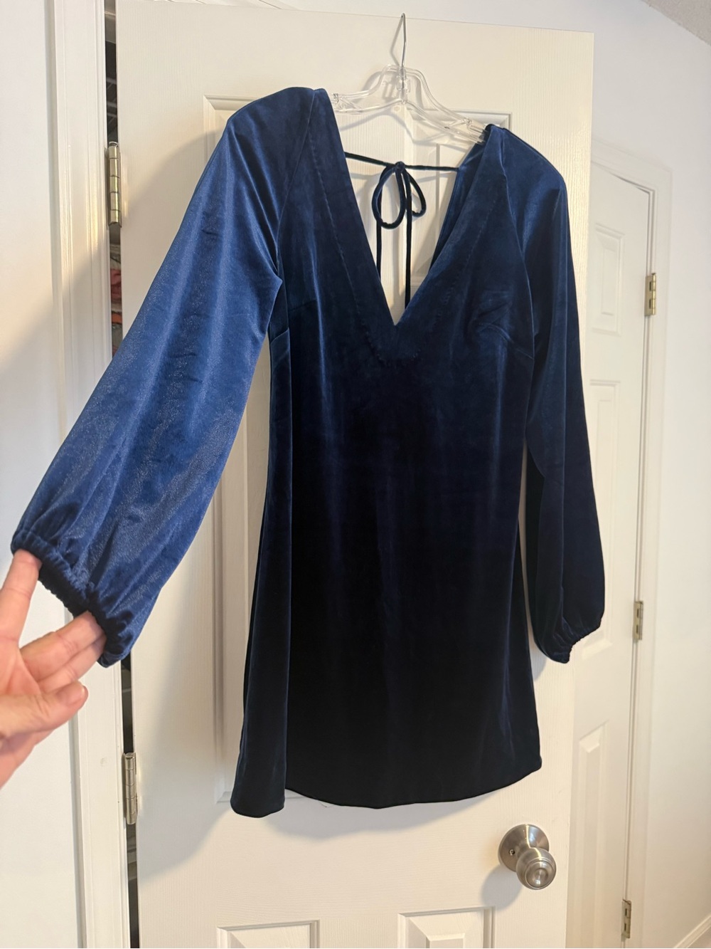 Free People Blue Velvet V-Neck Dress with elastic at sleeve